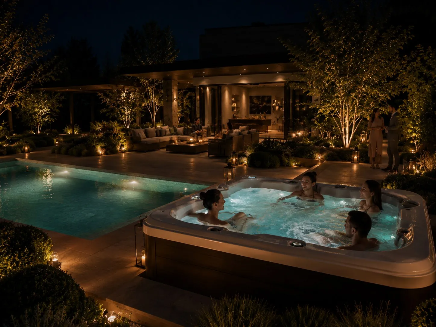 Jacuzzi nocą w ogrodzie z basenem i oświetleniem